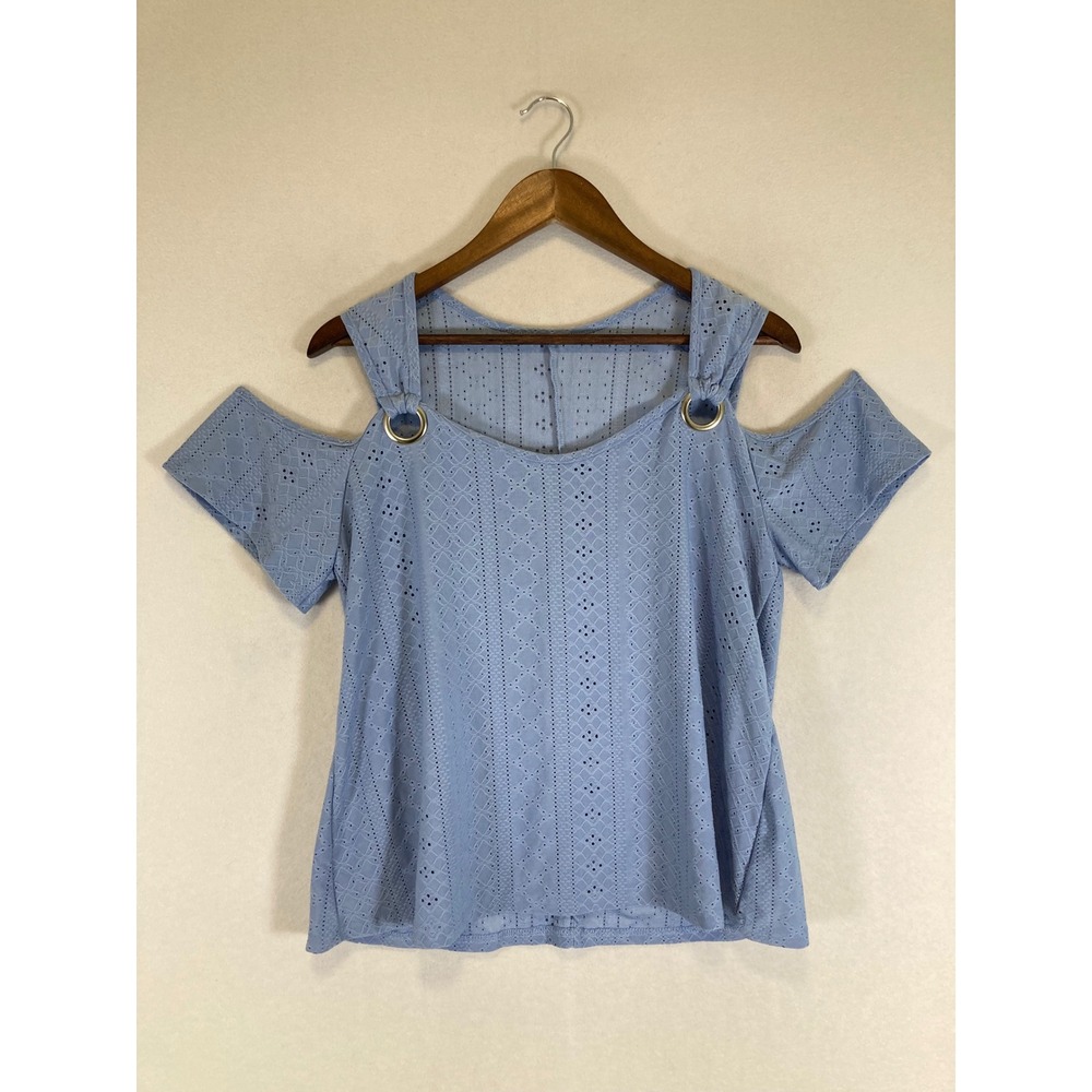 Boho Eyelet Coquette Womens 1XL Blue Cold Shoulder Ring Detail Lace Top